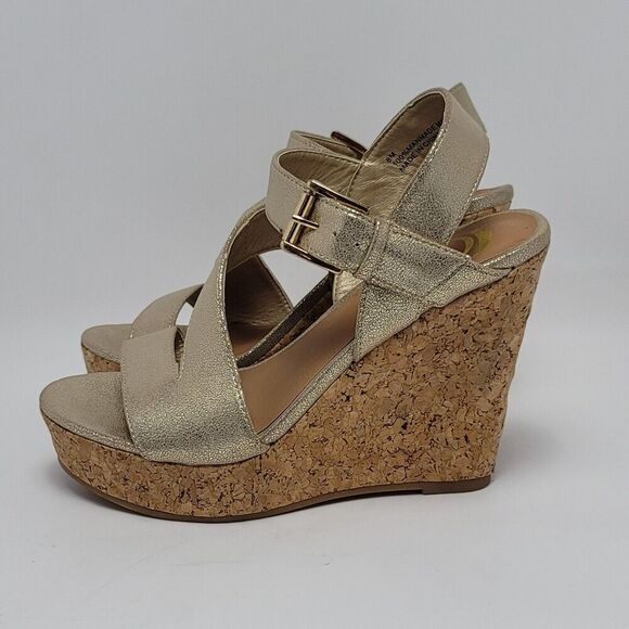 Womens Metallic Gold Glossy Open Toe Buckle Slingback Wedge Heel Sandals Size 8M - Picture 12 of 12